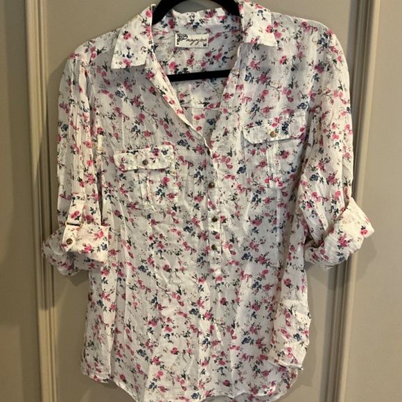 MAGAZINE lightweight cotton convertible long short sleeve floral blouse button M - Picture 2 of 15